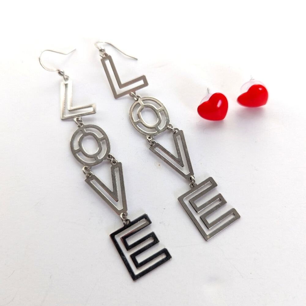 Vintage Hallmark Acrylic Red Valentines Heart and Long LOVE Dangle Hook Earrings